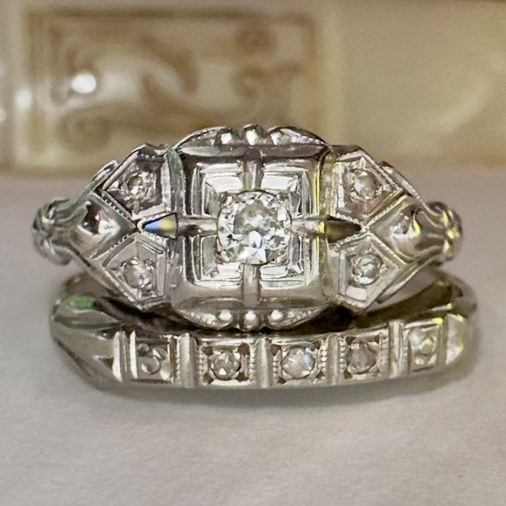 Antique 14K Gold Diamond Engagement Ring & Wedding Band 10K Gold Estate Art Deco - Picture 13 of 14